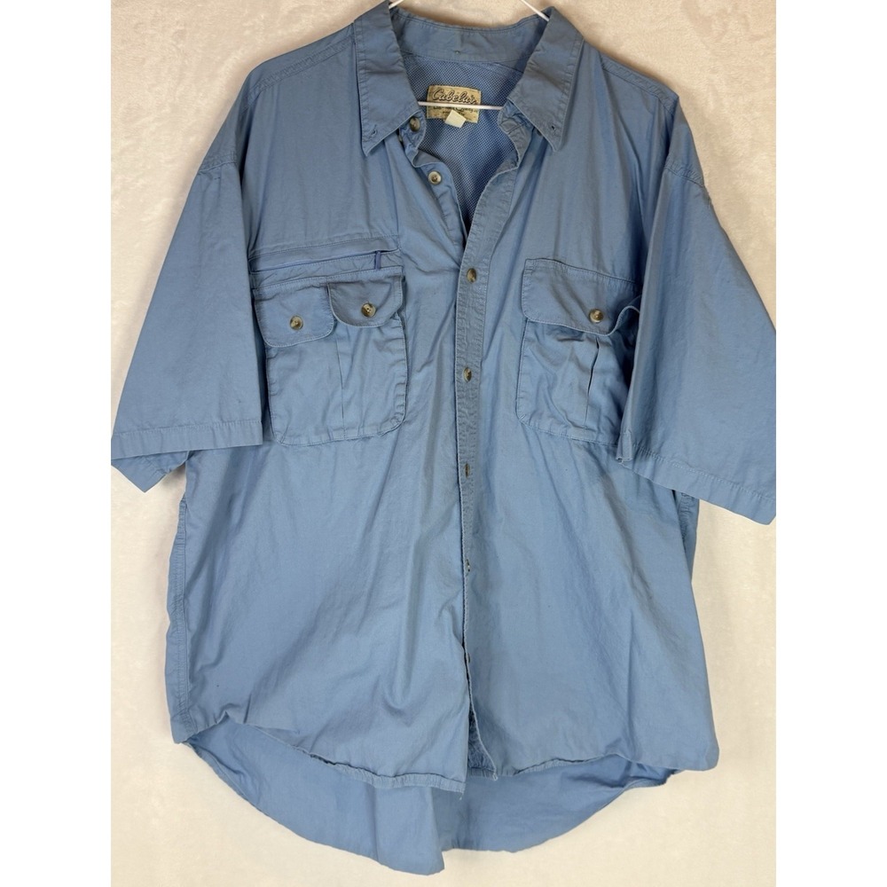 Cabela's Fishing Shirt XL Blue Vented Utility Short Sleeve Outdoor Cotton Pocket